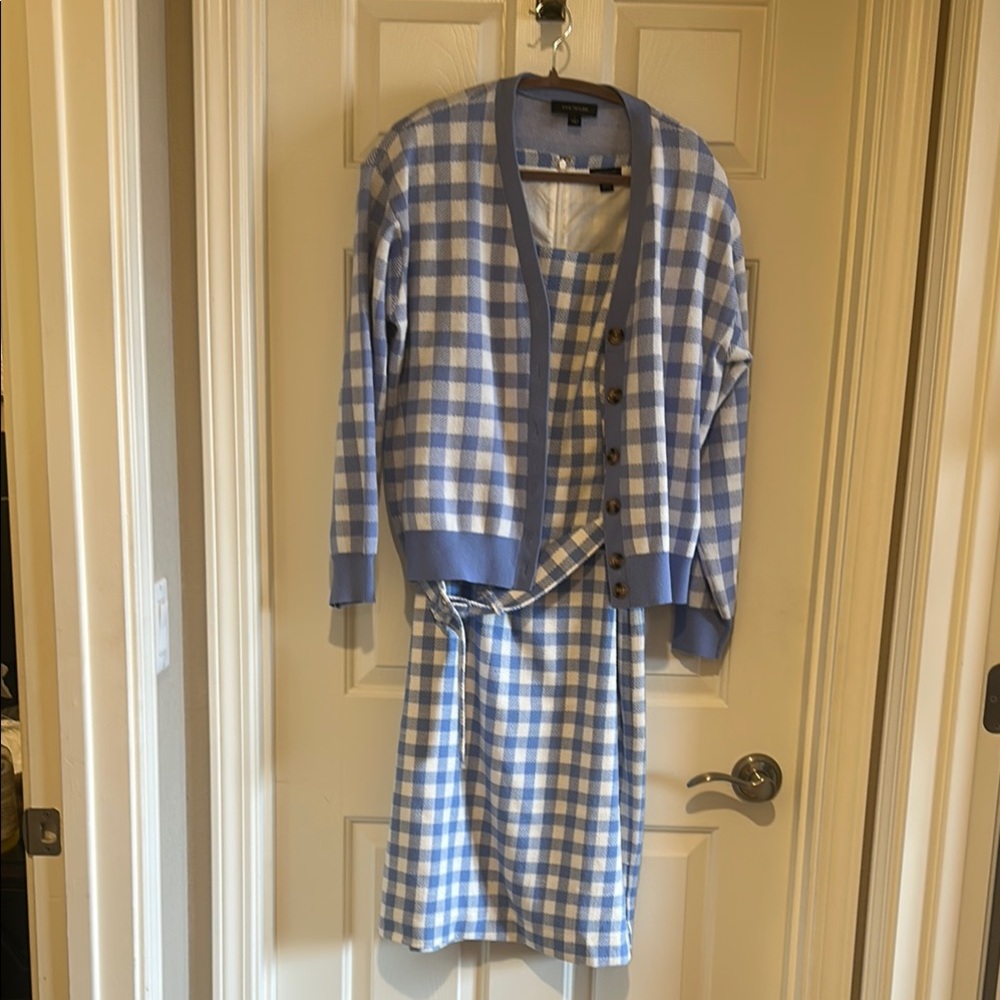 Ann Taylor Checkered Blue and Cream Dress